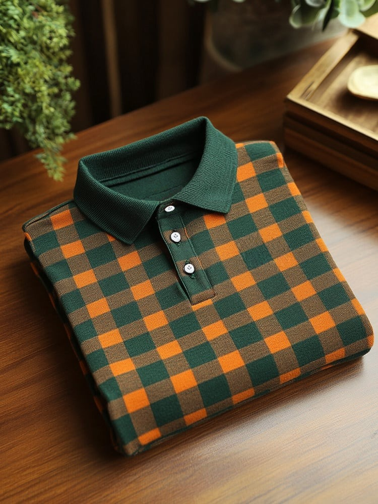 Men's Business Casual Green and Orange Plaid Button Short Sleeve Polo Shirt