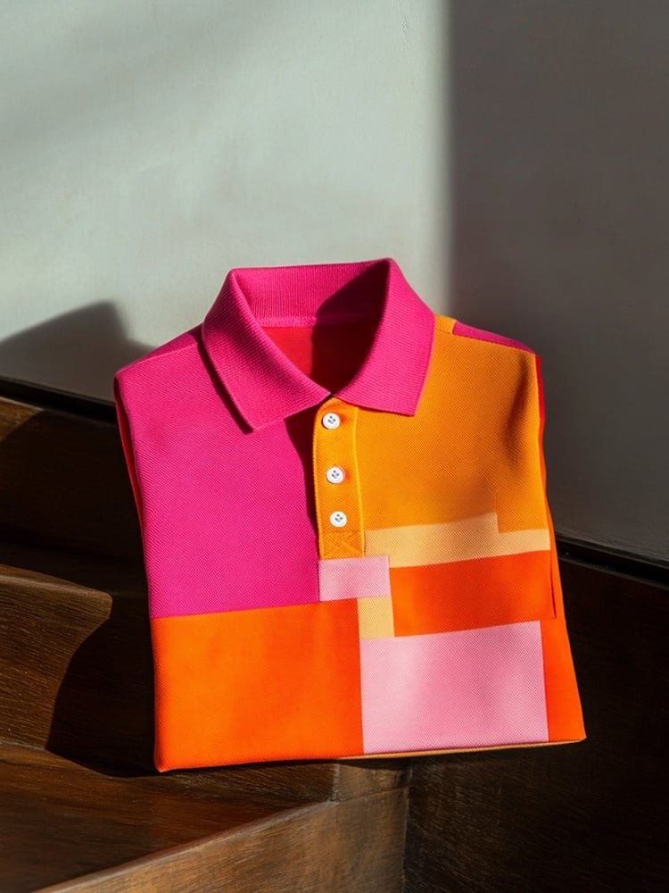 Men's Business Casual Pink and Orange Block Button Short Sleeve Polo Shirt