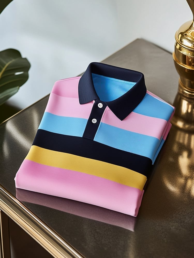 Men's Classic Business Check Logo Button Short Sleeve Polo Shirt