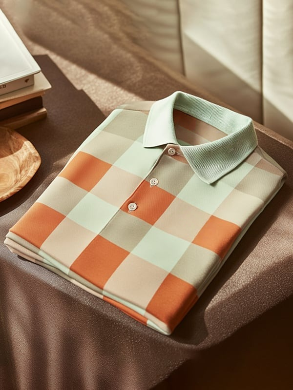 Men's Classic Business Checkerboard Logo Button Short Sleeve Polo Shirt