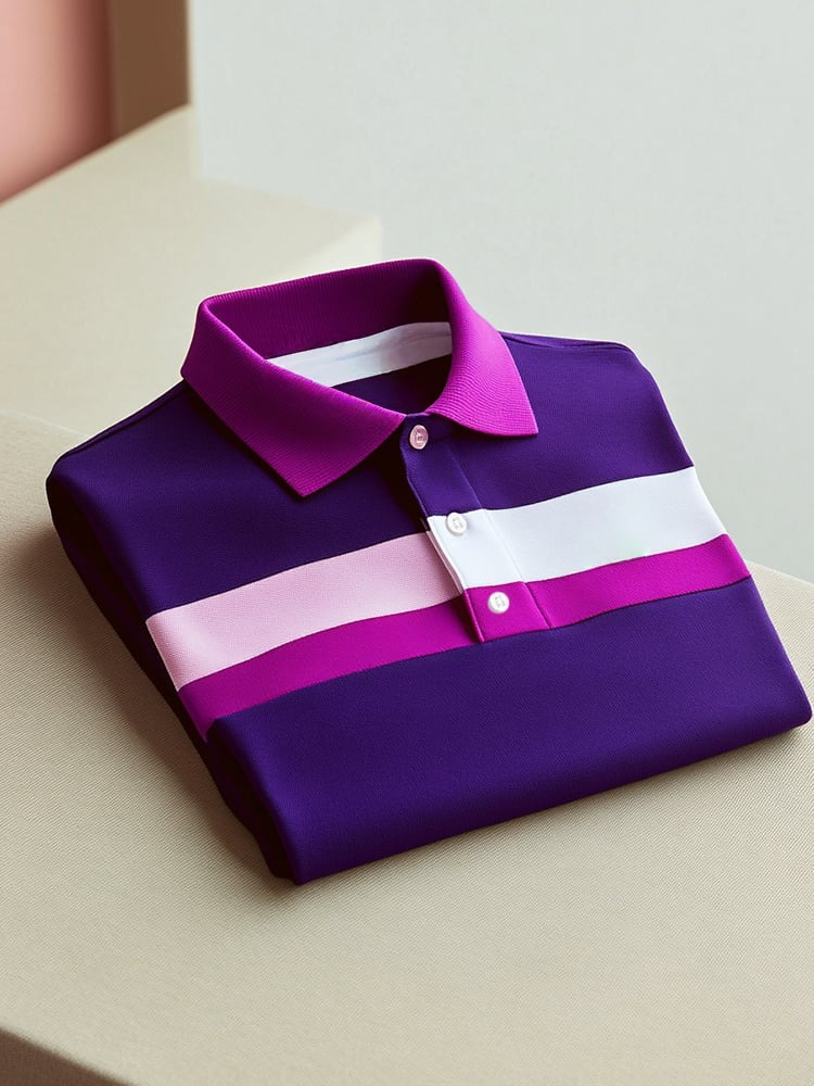 Men's Business Casual Purple Stripe Button Short Sleeve Polo Shirt