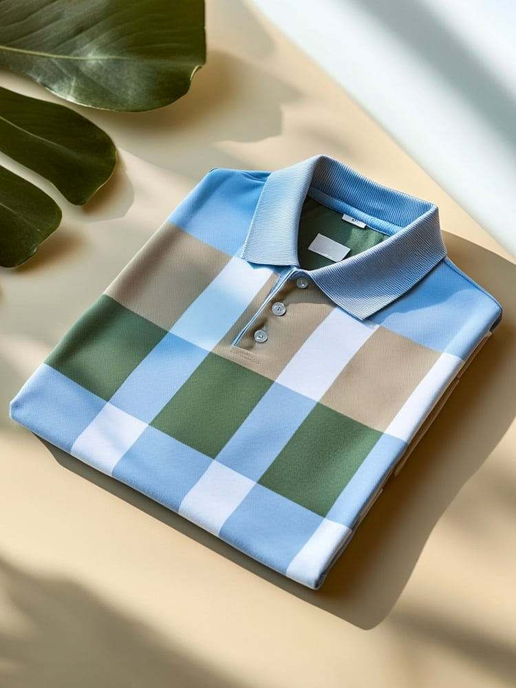Men's Classic Business Check Logo Button Short Sleeve Polo Shirt