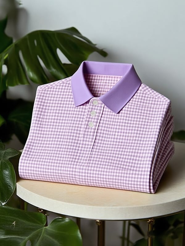 Men's Classic Business Check Logo Button Short Sleeve Polo Shirt