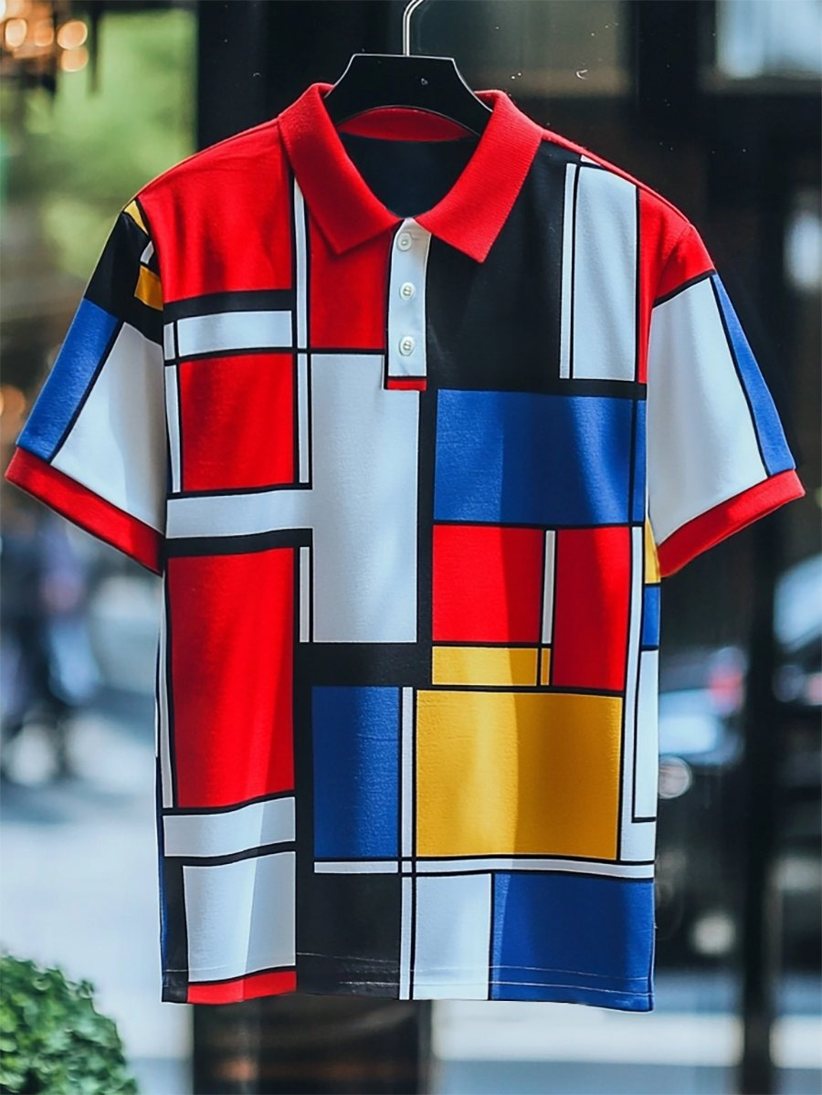 Men's Business Casual Mondrian Art Button Short Sleeve Polo Shirt