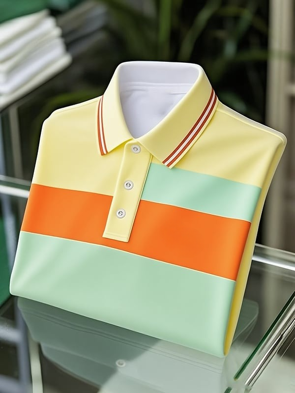 Men's Classic Business Colorblock Logo Button Short Sleeve Polo Shirt