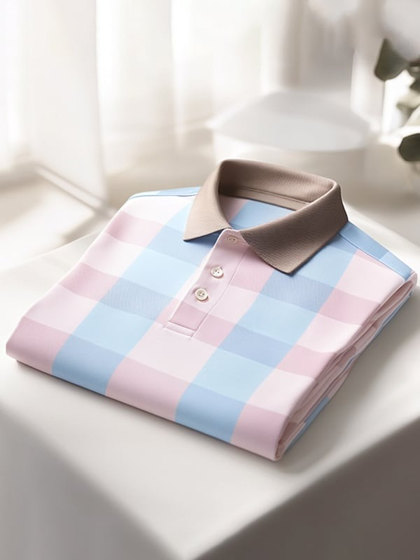 Men's Classic Business Check Logo Button Short Sleeve Polo Shirt