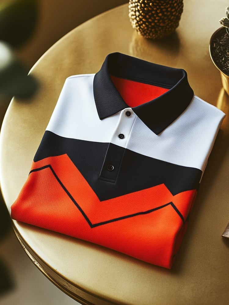 Men's Classic Business Check Logo Button Short Sleeve Polo Shirt
