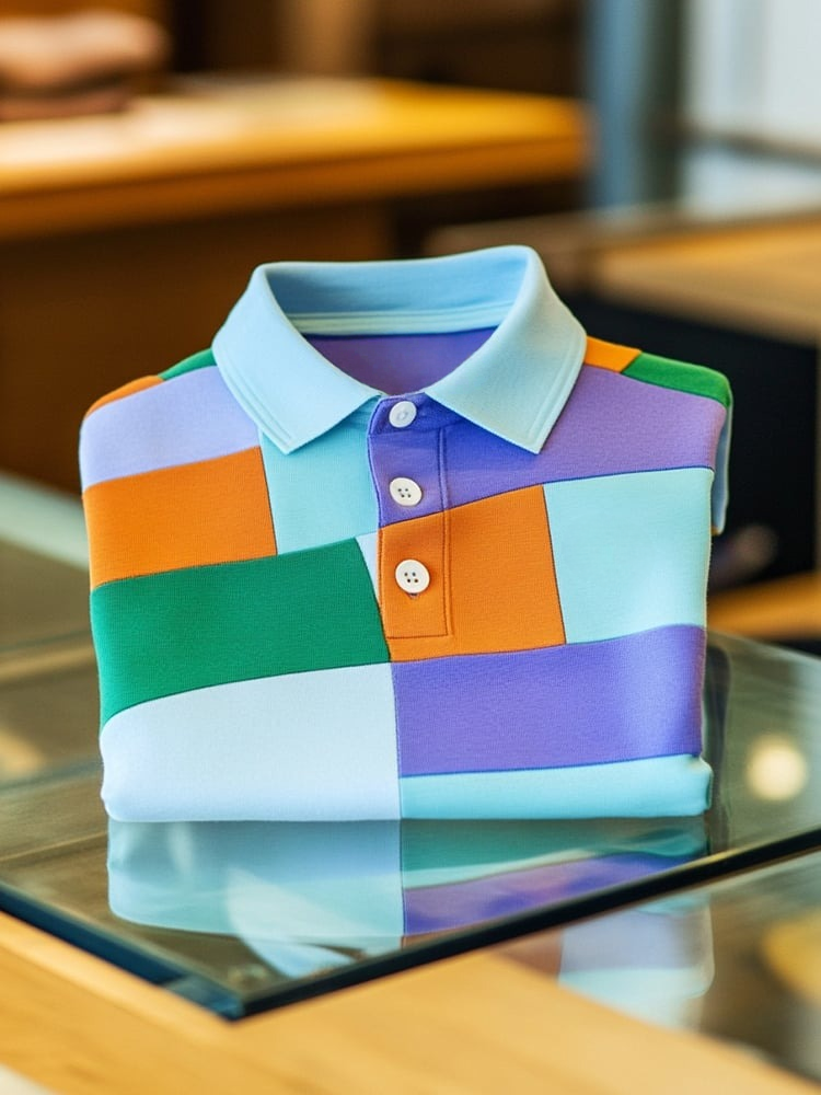 Men's Smart Casual Color Block Logo Button Short Sleeve Polo Shirt