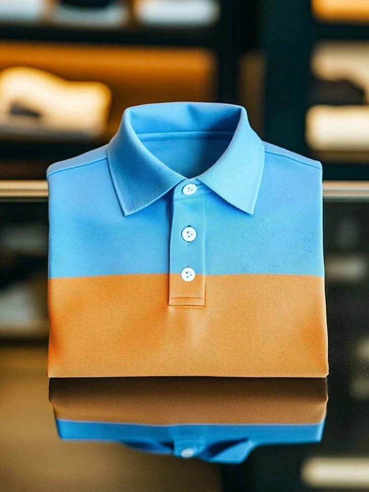 Men's Smart Casual Color Block Logo Button Short Sleeve Polo Shirt