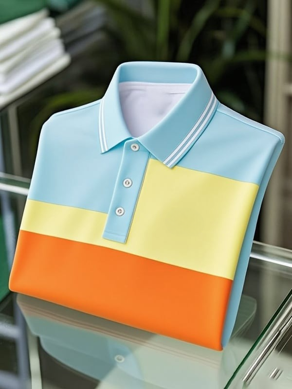Men's Classic Business Colorblock Logo Button Short Sleeve Polo Shirt