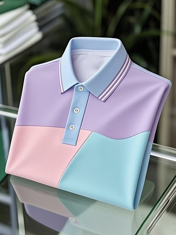 Men's Classic Business Colorblock Logo Button Short Sleeve Polo Shirt