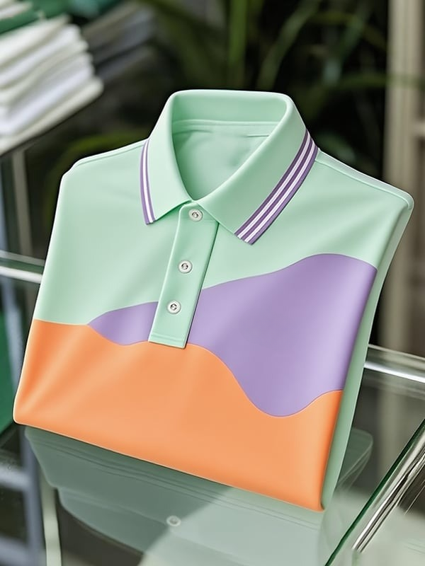 Men's Classic Business Colorblock Logo Button Short Sleeve Polo Shirt