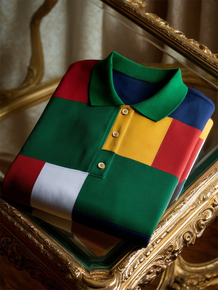 Men's Business Casual Mondrian Art Button Short Sleeve Polo Shirt