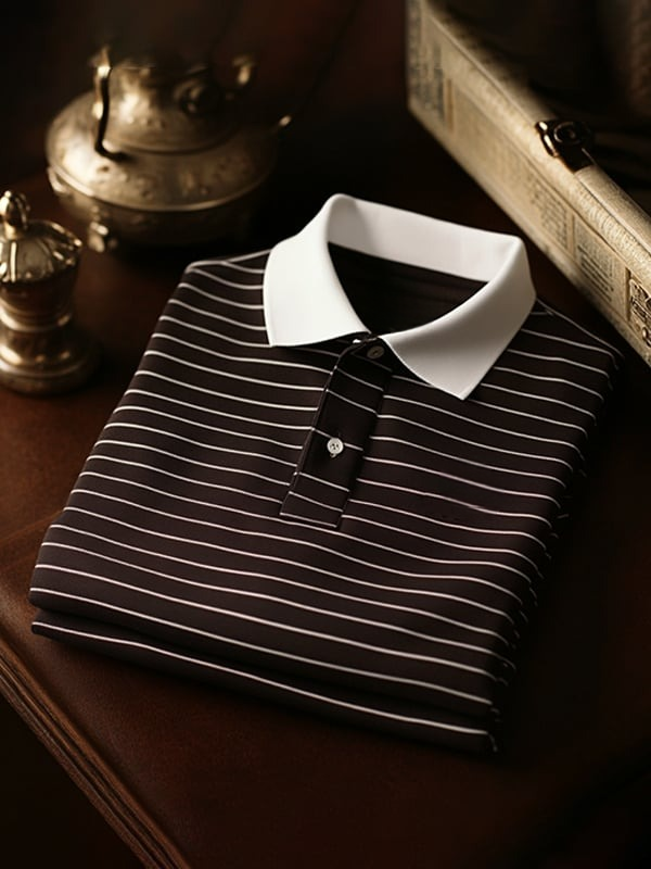 Men's Classic Stripe Business Logo Button Short Sleeve Polo Shirt