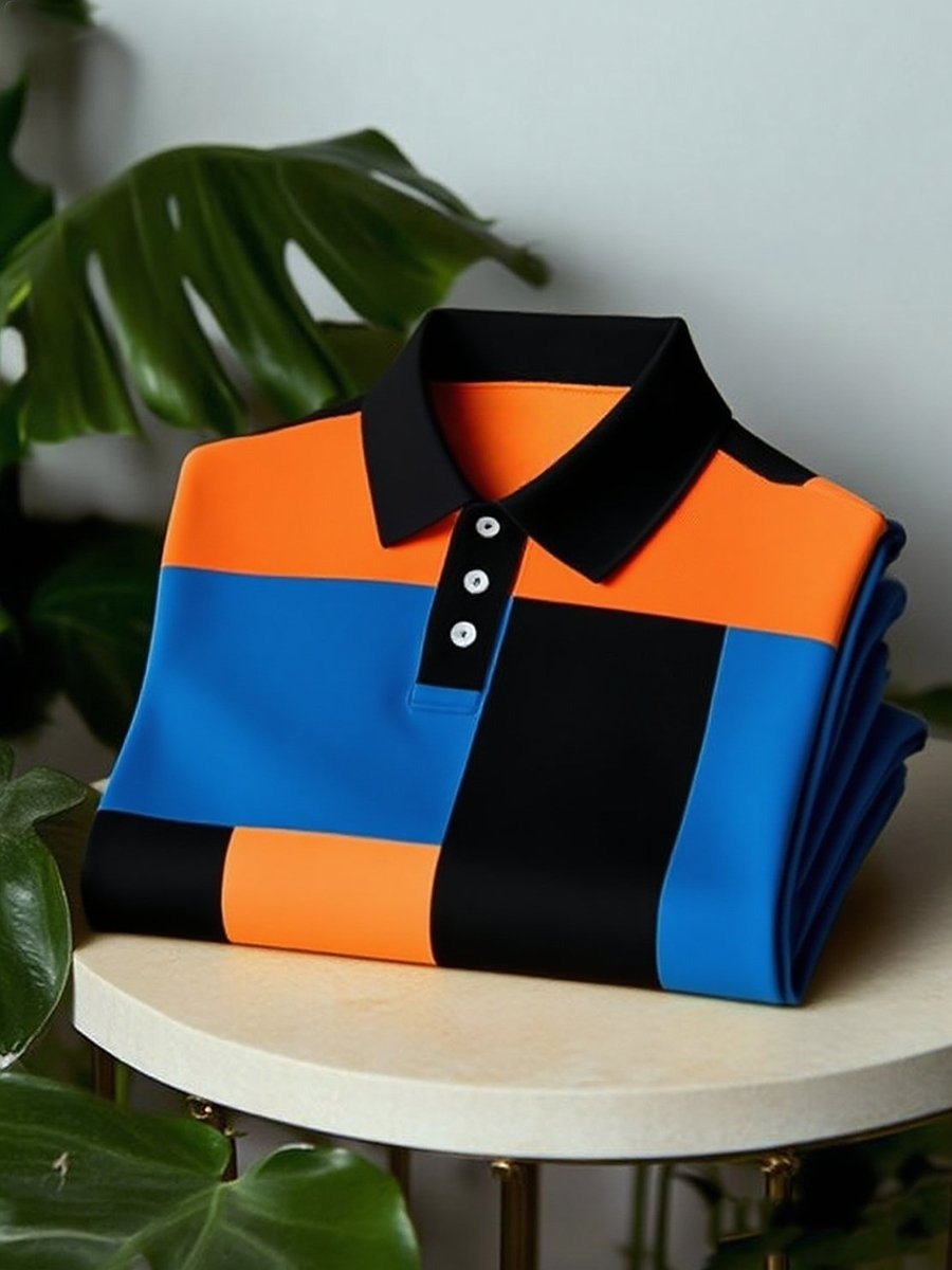 Men's Business Casual Colorblock Button Short Sleeve Polo Shirt