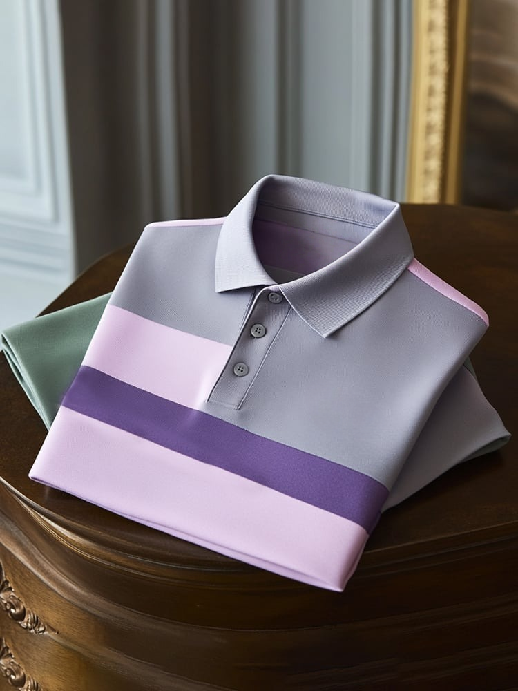 Men's Classic Business Check Logo Button Short Sleeve Polo Shirt