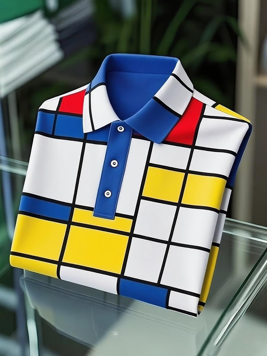 Men's Classic Business Mondrian Button-Down Short Sleeve Polo Shirt