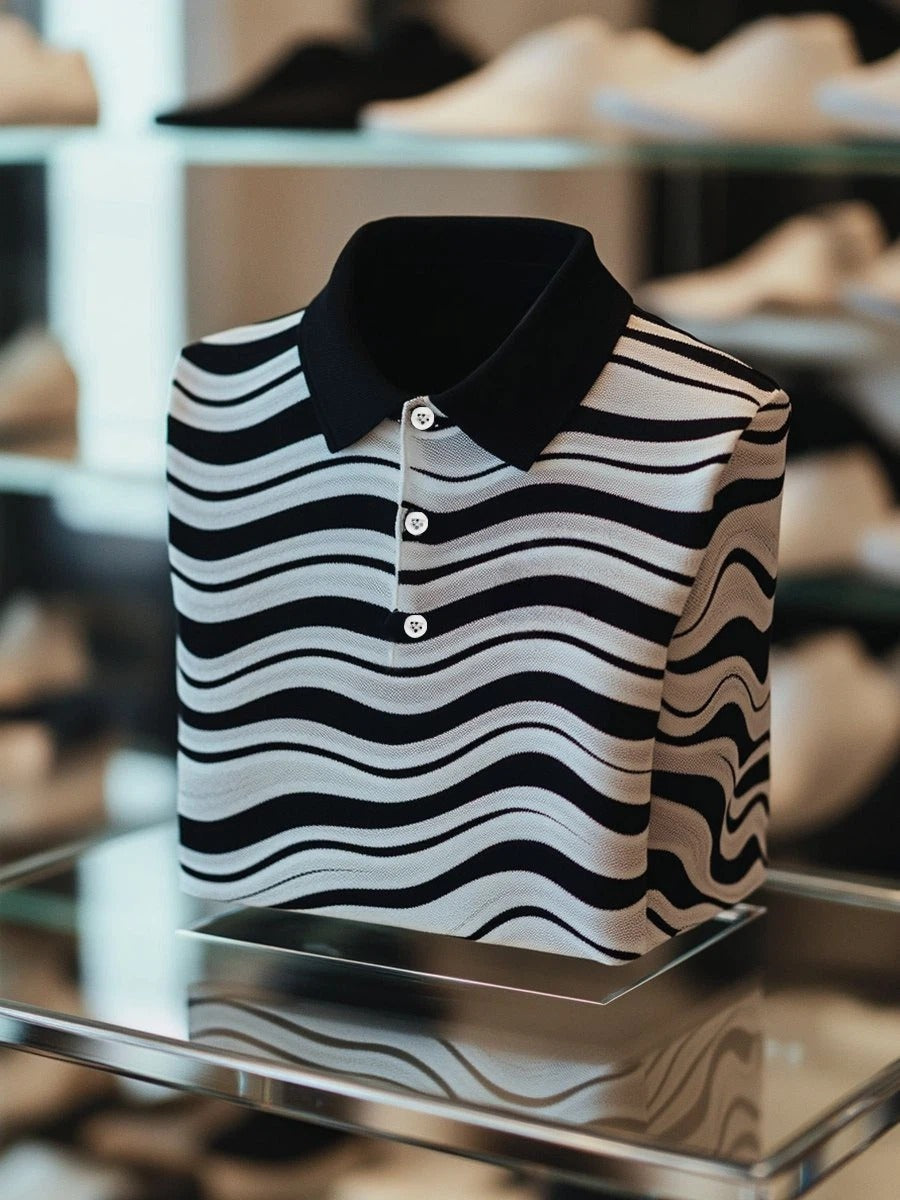 Men's Business Casual Black and White Wave Button Short Sleeve Polo Shirt