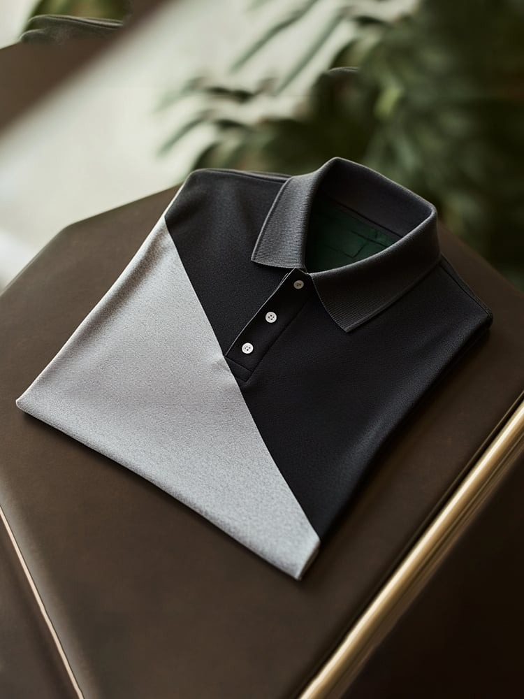 Men's Classic Business Check Logo Button Short Sleeve Polo Shirt