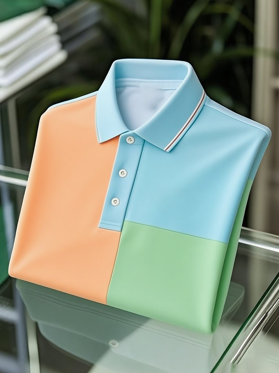 Men's Classic Business Colorblock Logo Button Short Sleeve Polo Shirt