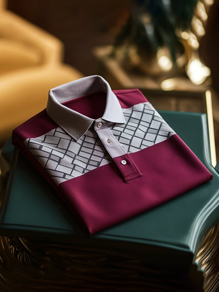 Men's Classic Business Check Logo Button Short Sleeve Polo Shirt