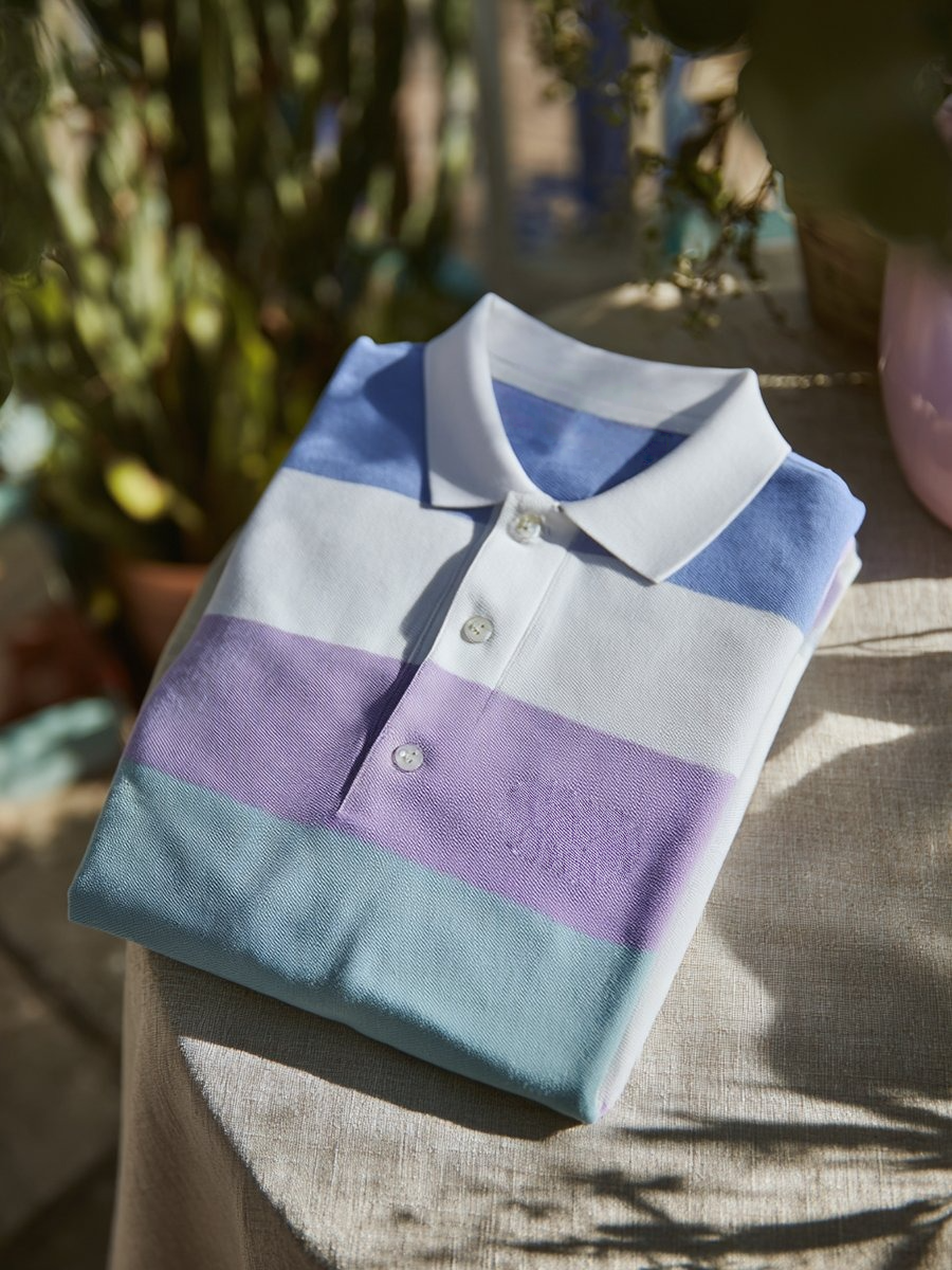Men's Classic Business Stripe Logo Button Short Sleeve Polo Shirt