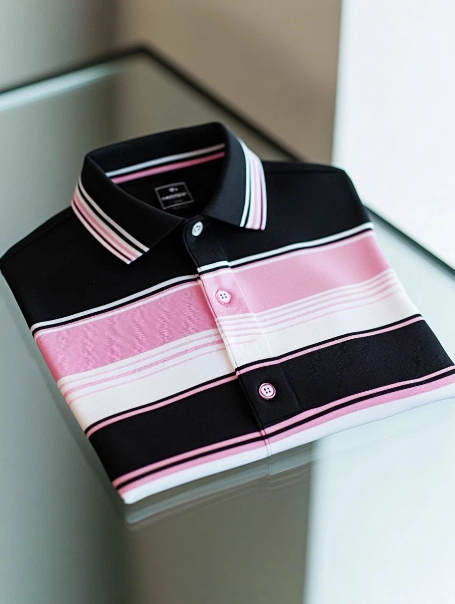 Men's Business Casual Striped Button Short Sleeve Polo Shirt