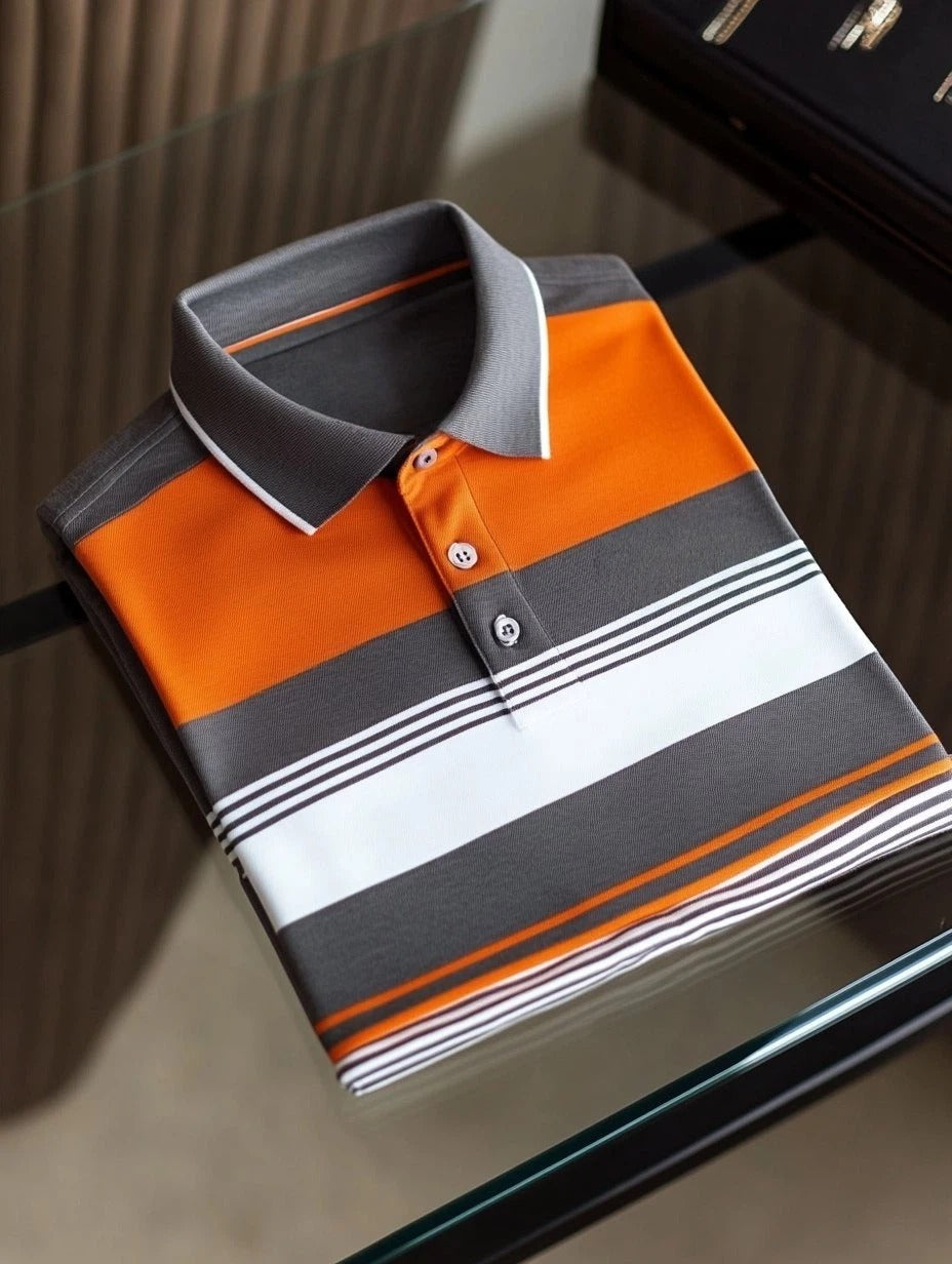 Men's Business Casual Striped Button Short Sleeve Polo Shirt