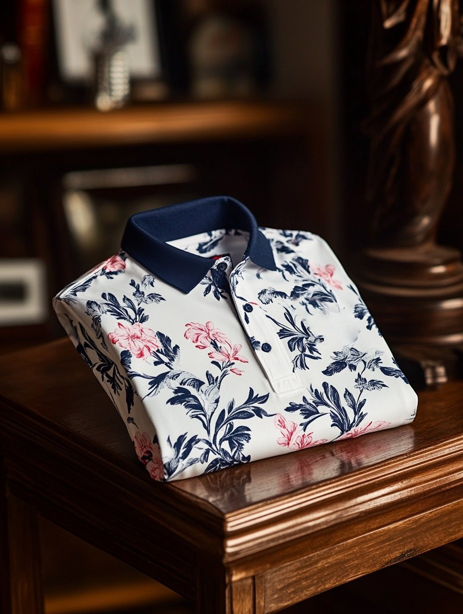 Men's Business Casual Floral Print Button-Down Short Sleeve Polo Shirt