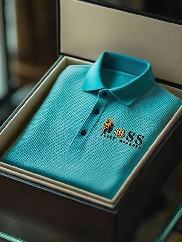 Men's Fashion Business Style Letter Printed Waffle Casual Short Sleeve POLO Shirt