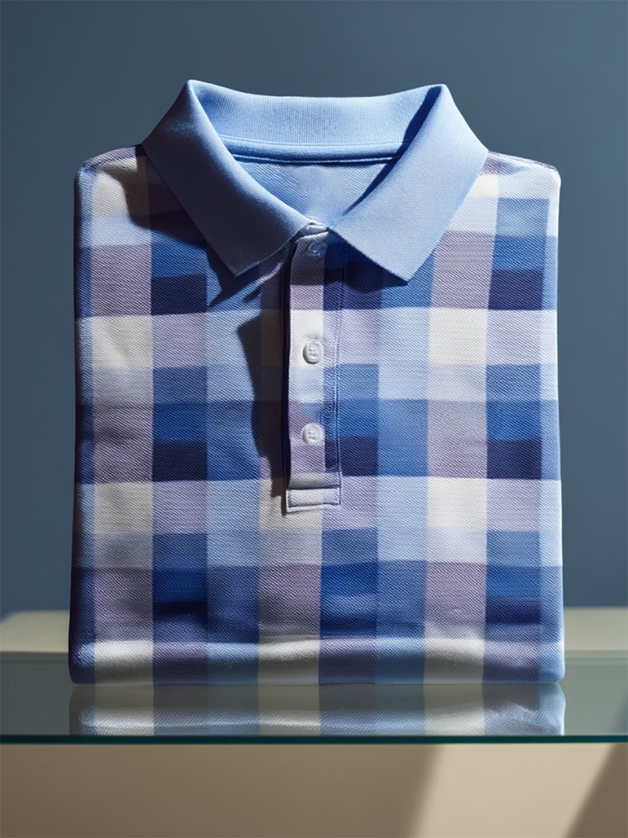 Men's Business Casual Geometric Plaid Art Button Short Sleeve Polo Shirt