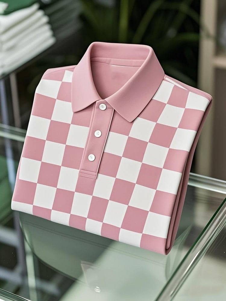 Men's Business Casual Checkerboard Button Short Sleeve Polo Shirt