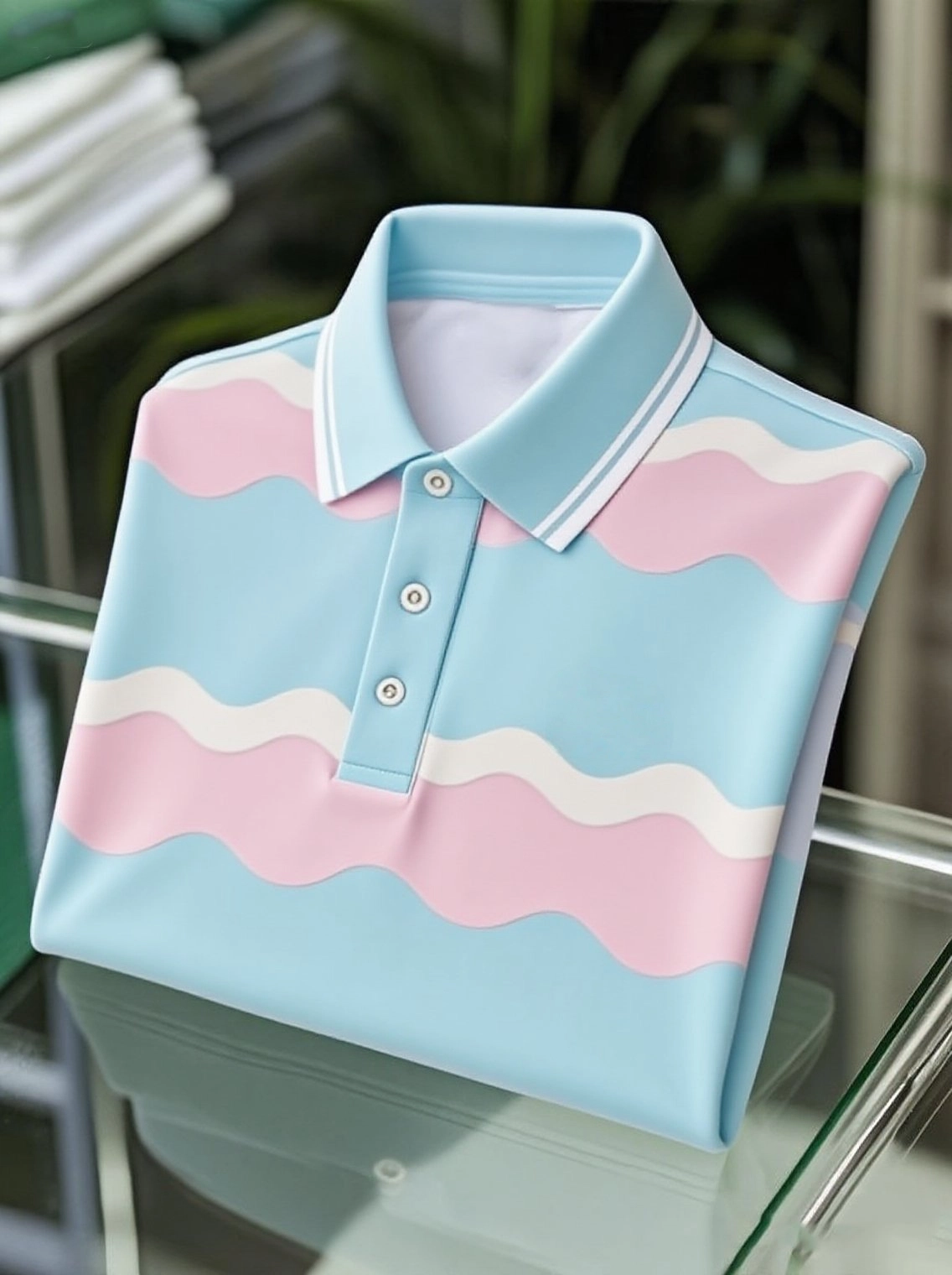 Men's Business Casual Light Blue Wave Button Short Sleeve Polo Shirt
