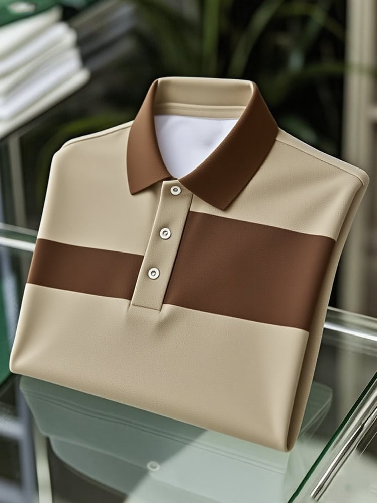 Men's Business Casual Khaki Color Block Button Short Sleeve Polo Shirt