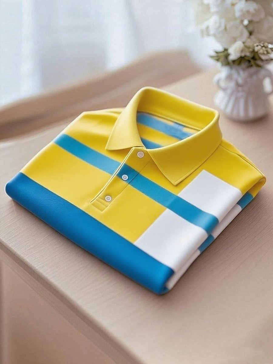 Men's Business Casual Blue and Yellow Block Button Short Sleeve Polo Shirt