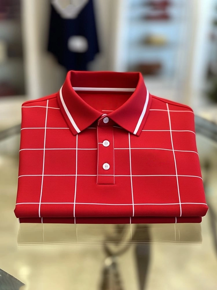 Men's Classic Business Check Button Short Sleeve Polo Shirt