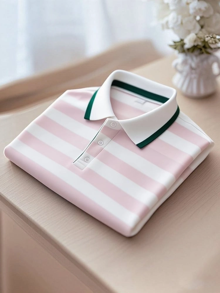 Men's Business Casual Pink Striped Button Short Sleeve Polo Shirt