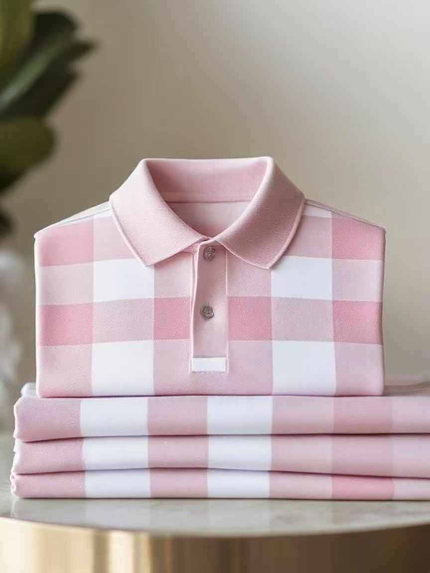Men's Classic Business Check Button Short Sleeve Polo Shirt