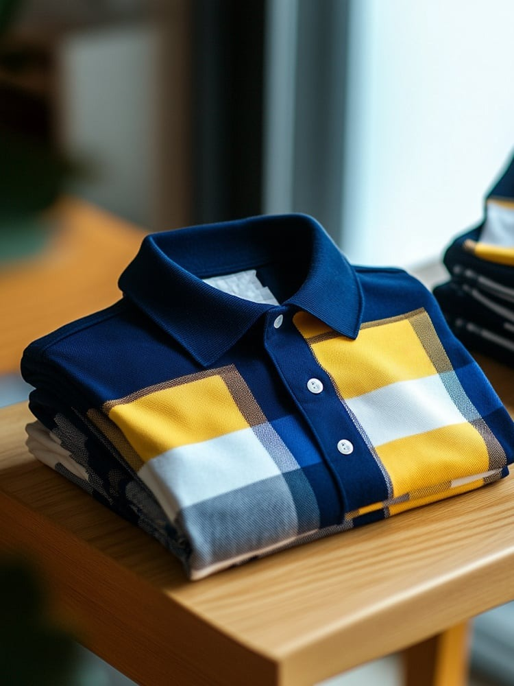 Men's Business Casual Blue and Yellow Block Button Short Sleeve Polo Shirt