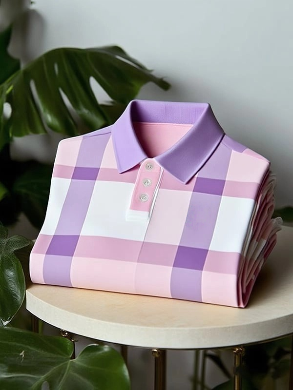 Men's Classic Business Check Button Short Sleeve Polo Shirt