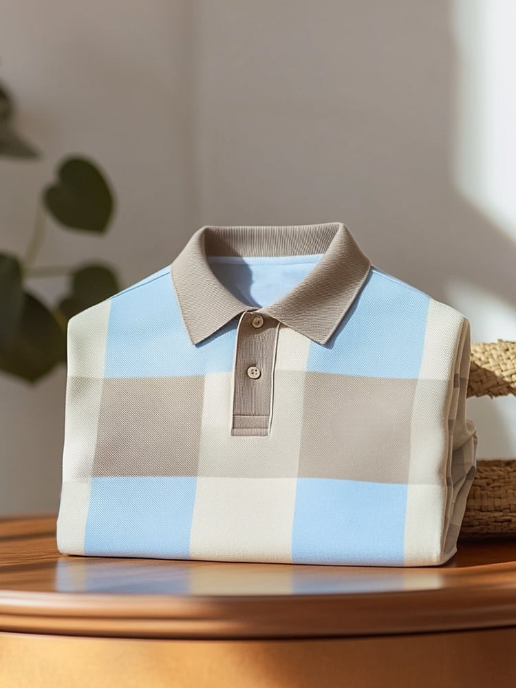 Men's Classic Business Check Logo Button Short Sleeve Polo Shirt