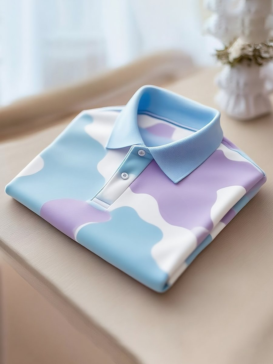 Men's Classic Business Stripe Logo Button Short Sleeve Polo Shirt