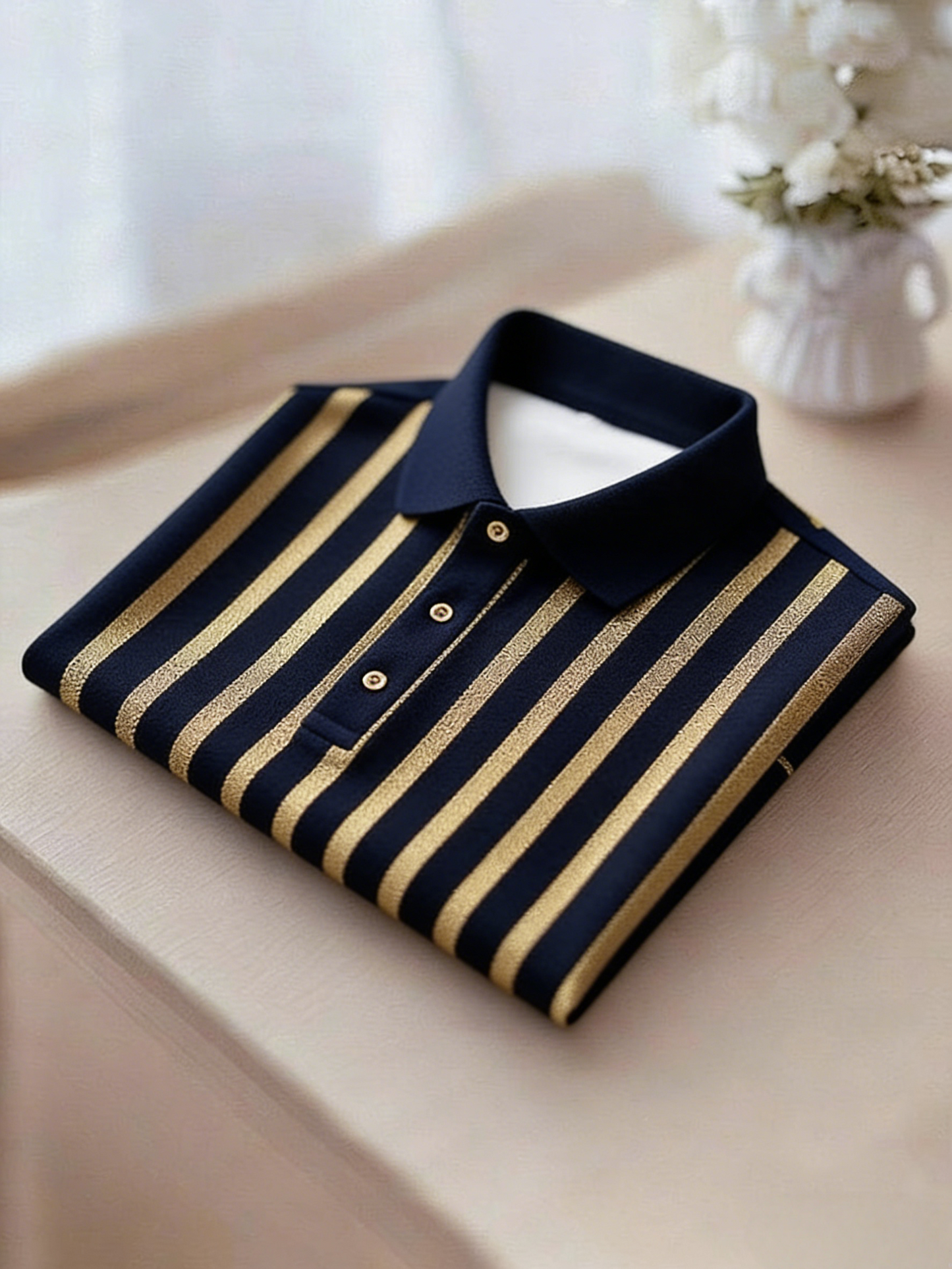 Men's Business Casual Gold and Black Stripe Button Short Sleeve Polo Shirt