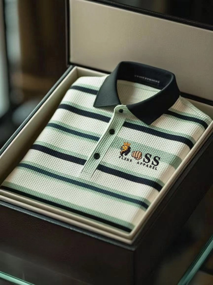 Men's Fashion Business Style Letter Printed Waffle Casual Short Sleeve POLO Shirt