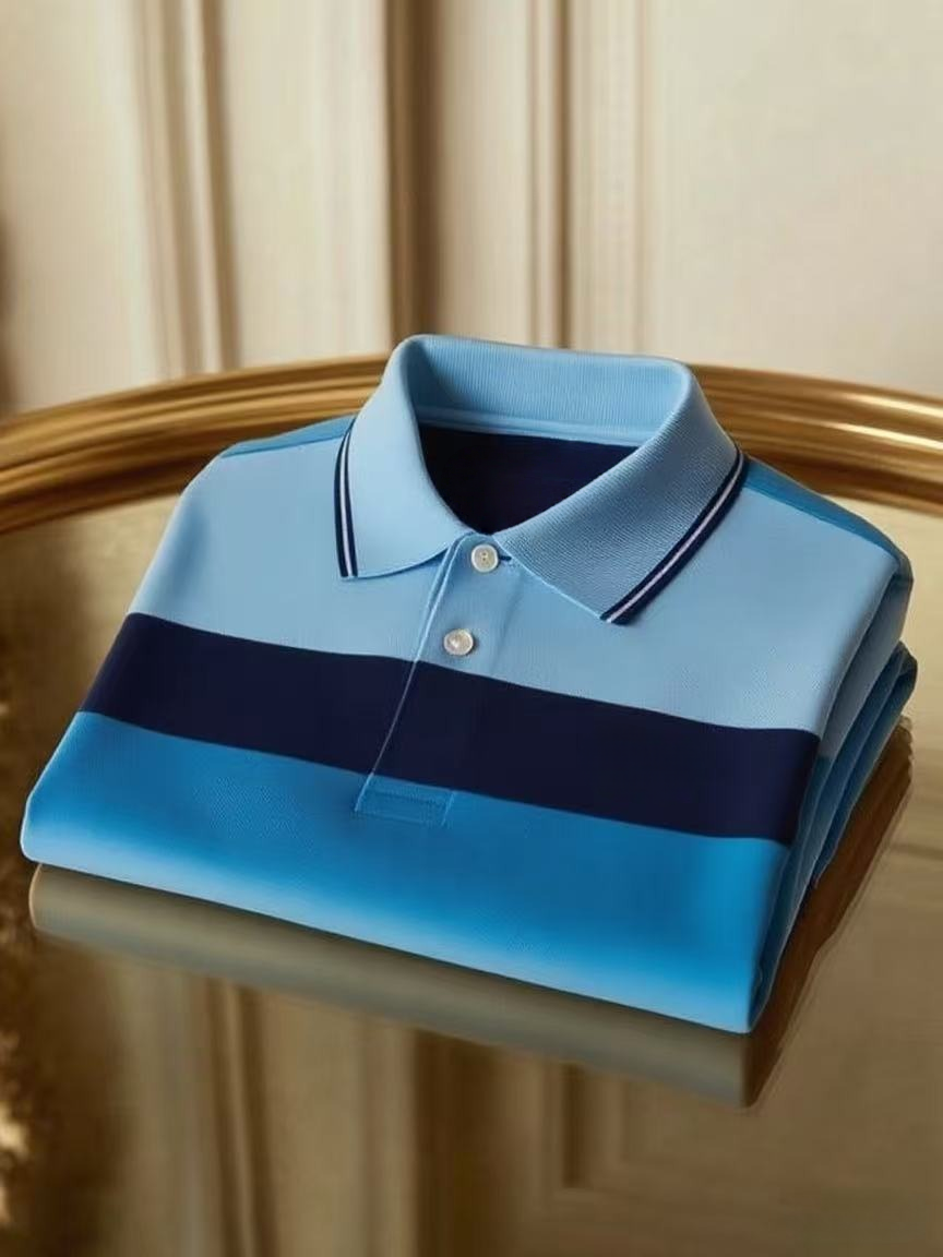 Men's Business Casual Color Block Stripe Button Short Sleeve Polo Shirt