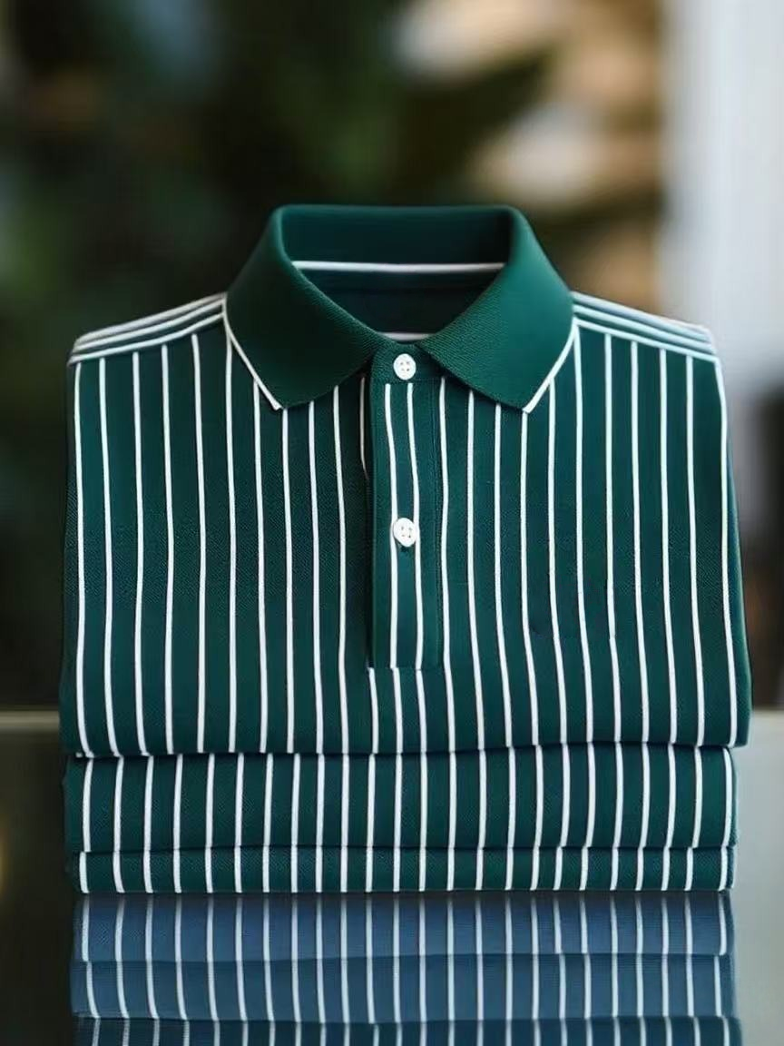 Men's Business Casual Color Block Stripe Button Short Sleeve Polo Shirt