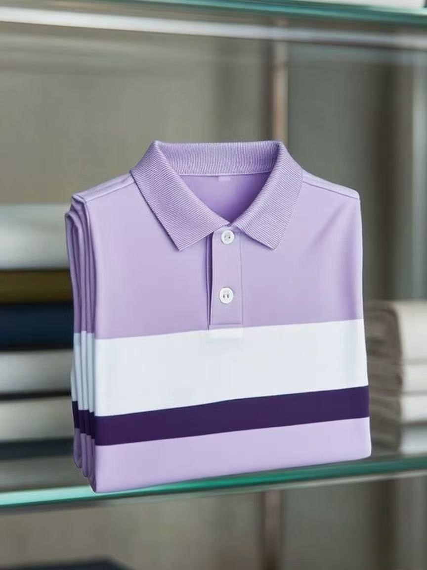 Men's Business Casual Color Block Stripe Button Short Sleeve Polo Shirt