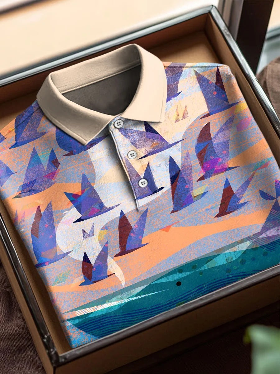 Colorful Sea Birds Art Print Casual Short Sleeve Polo