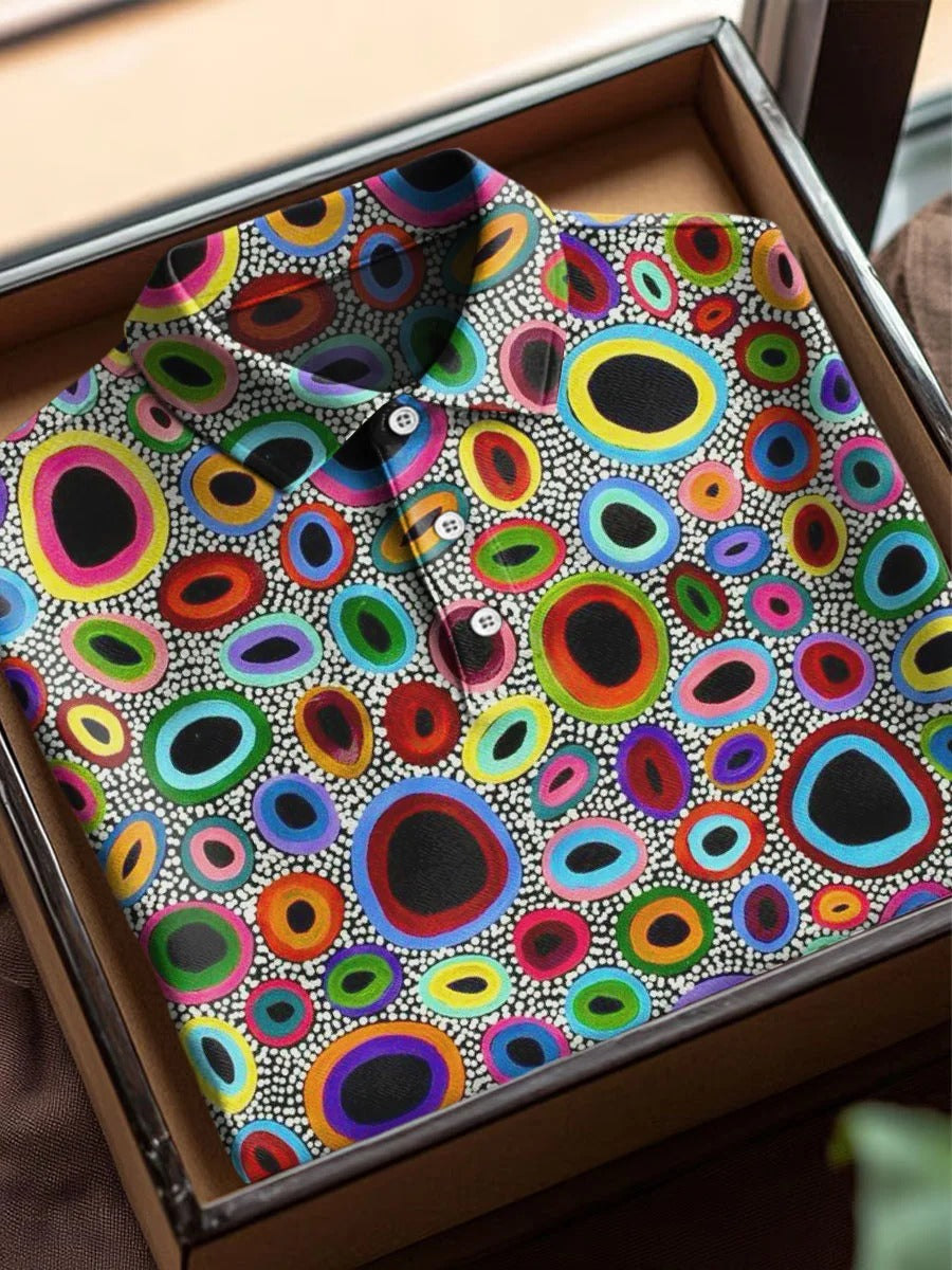 Retro Abstract Geometric Circle Art Print Casual Cotton Short Sleeve Polo