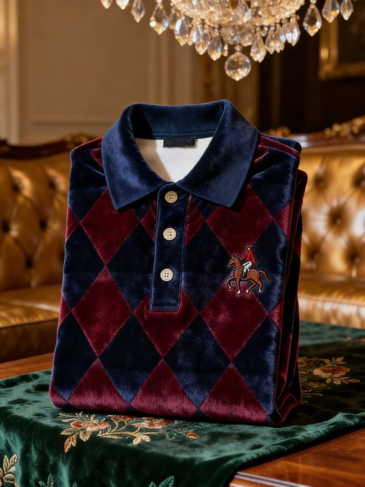 Men's Velvet Business Logo Print Long Sleeve Polo Shirt